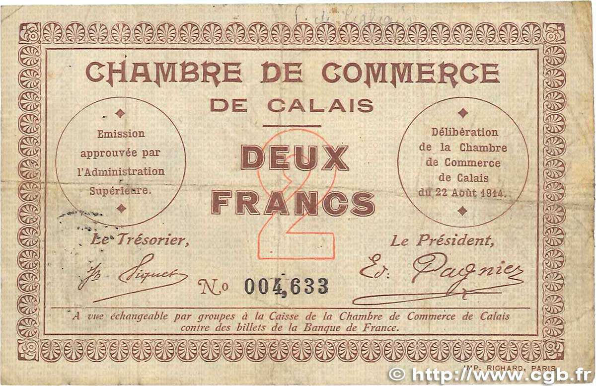 2 Francs FRANCE regionalismo e varie Calais 1914 JP.036.05 MB