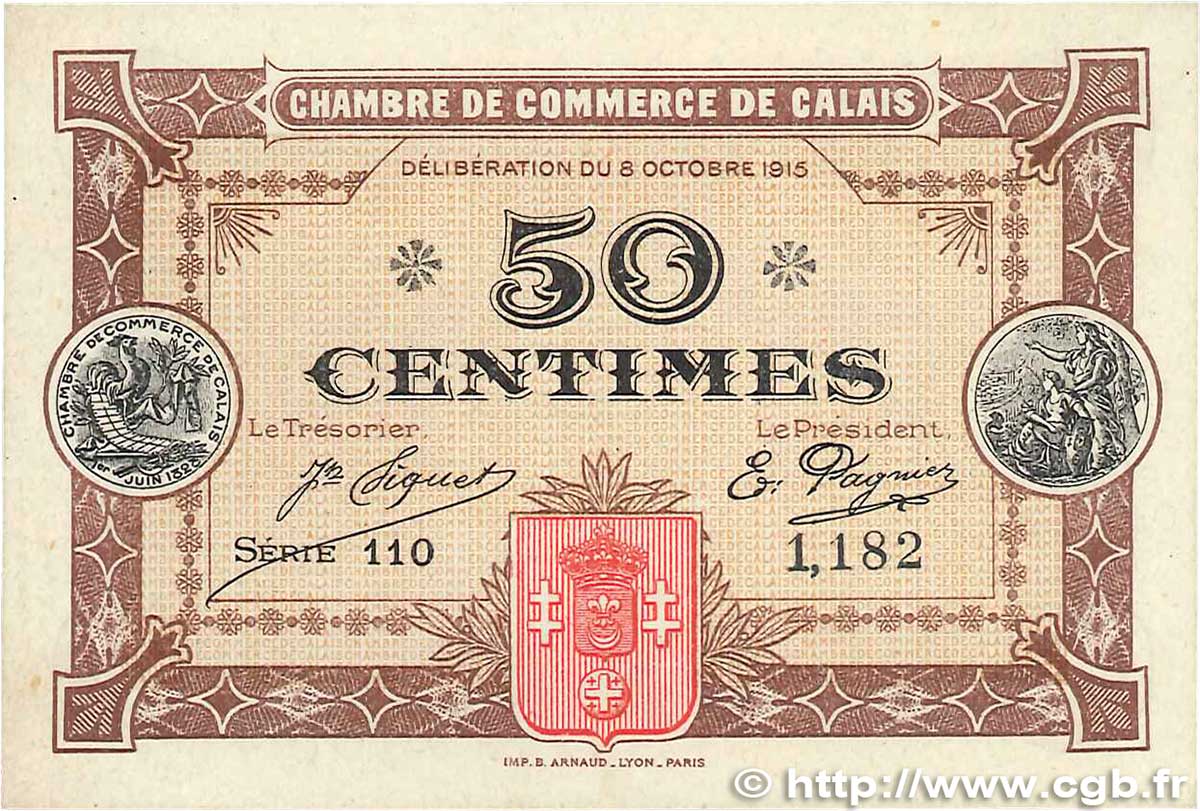 50 Centimes FRANCE regionalism and miscellaneous Calais 1915 JP.036.07 AU-