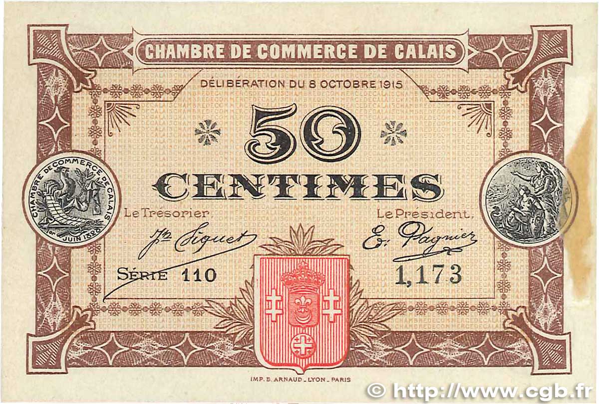 50 Centimes FRANCE regionalism and miscellaneous Calais 1915 JP.036.07 XF+