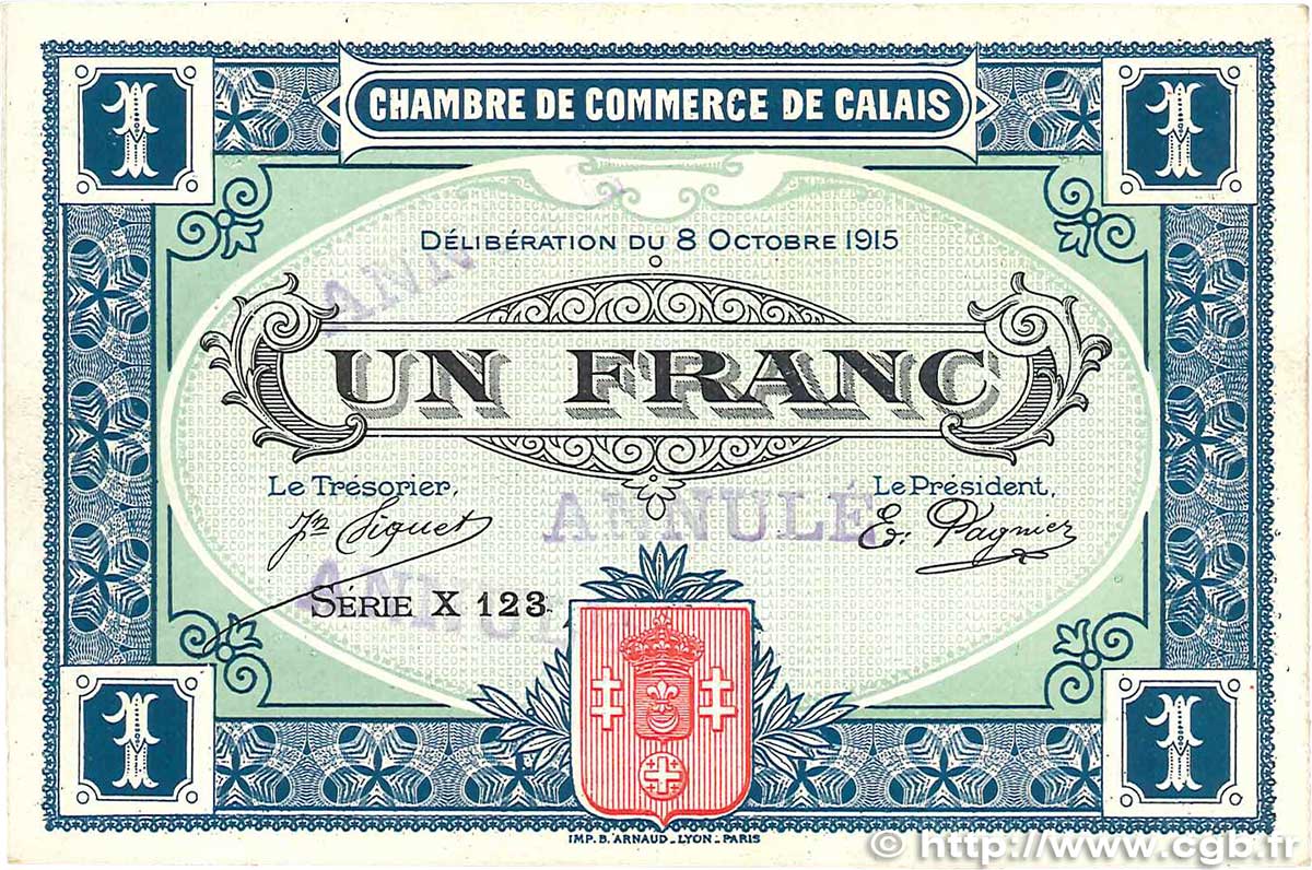 1 Franc Annulé FRANCE regionalism and miscellaneous  1915 JP.036.16var. XF+