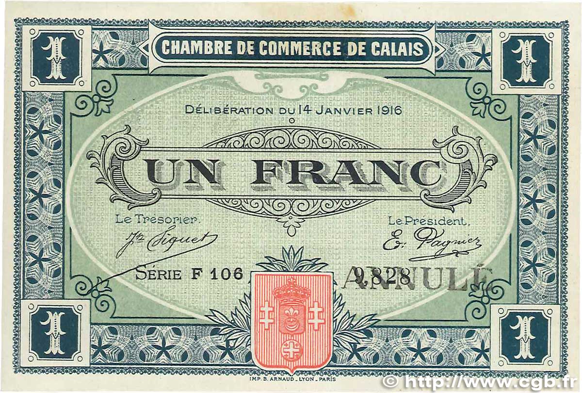 1 Franc Annulé FRANCE regionalism and various  1916 JP.036.25var. XF+