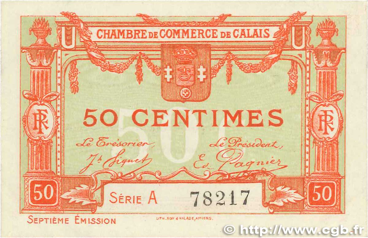 50 Centimes FRANCE regionalismo e varie Calais 1918 JP.036.40 AU