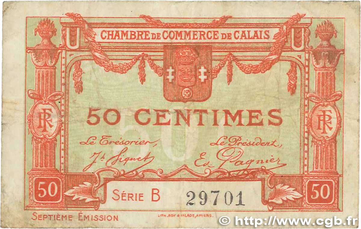 50 Centimes FRANCE regionalismo y varios Calais 1919 JP.036.40 BC
