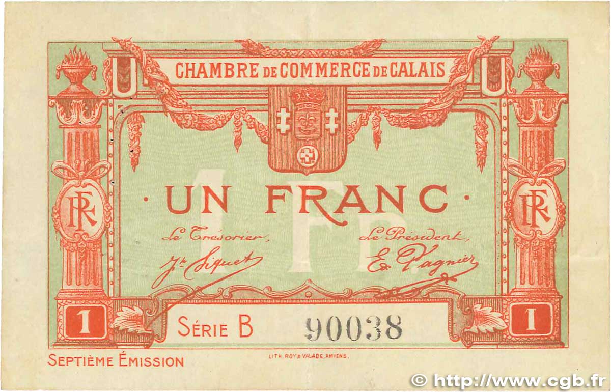 1 Franc FRANCE regionalism and miscellaneous Calais 1919 JP.036.41 VF+