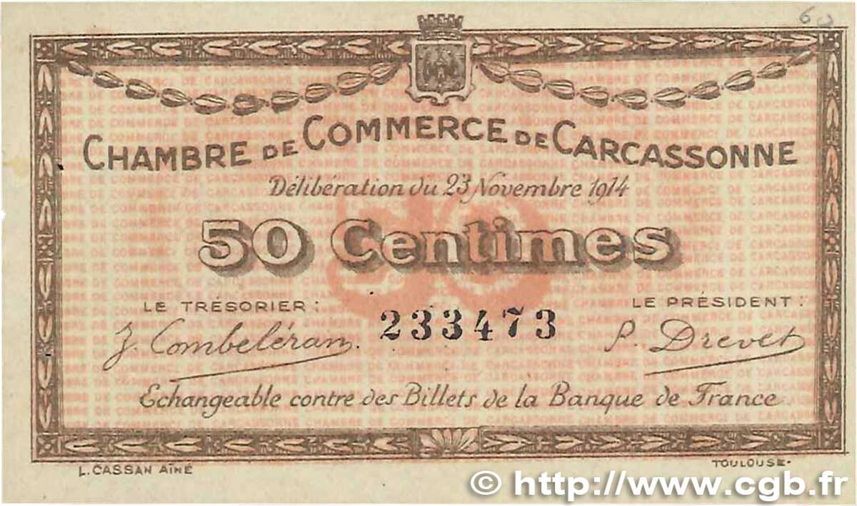 50 Centimes FRANCE regionalism and various Carcassonne 1914 JP.038.01 XF