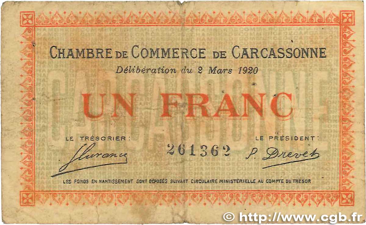 1 Franc FRANCE regionalismo y varios Carcassonne 1920 JP.038.17 RC