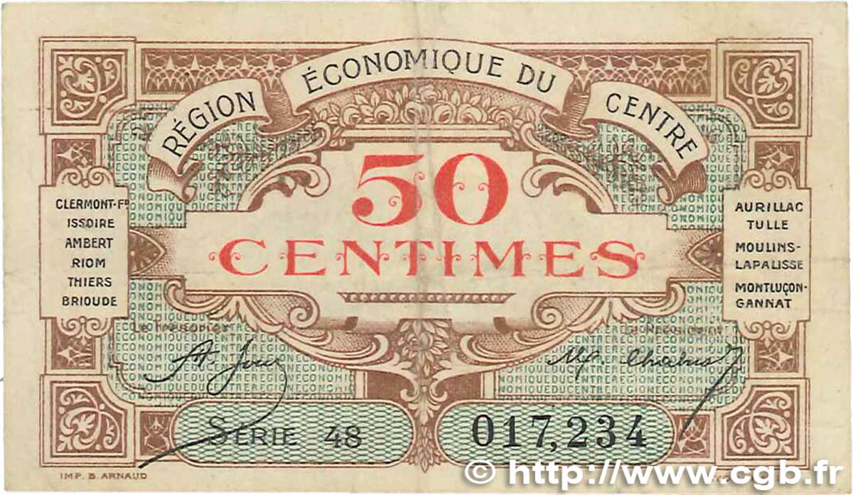 50 Centimes FRANCE Regionalismus und verschiedenen Région Économique Du Centre 1918 JP.040.05 SS