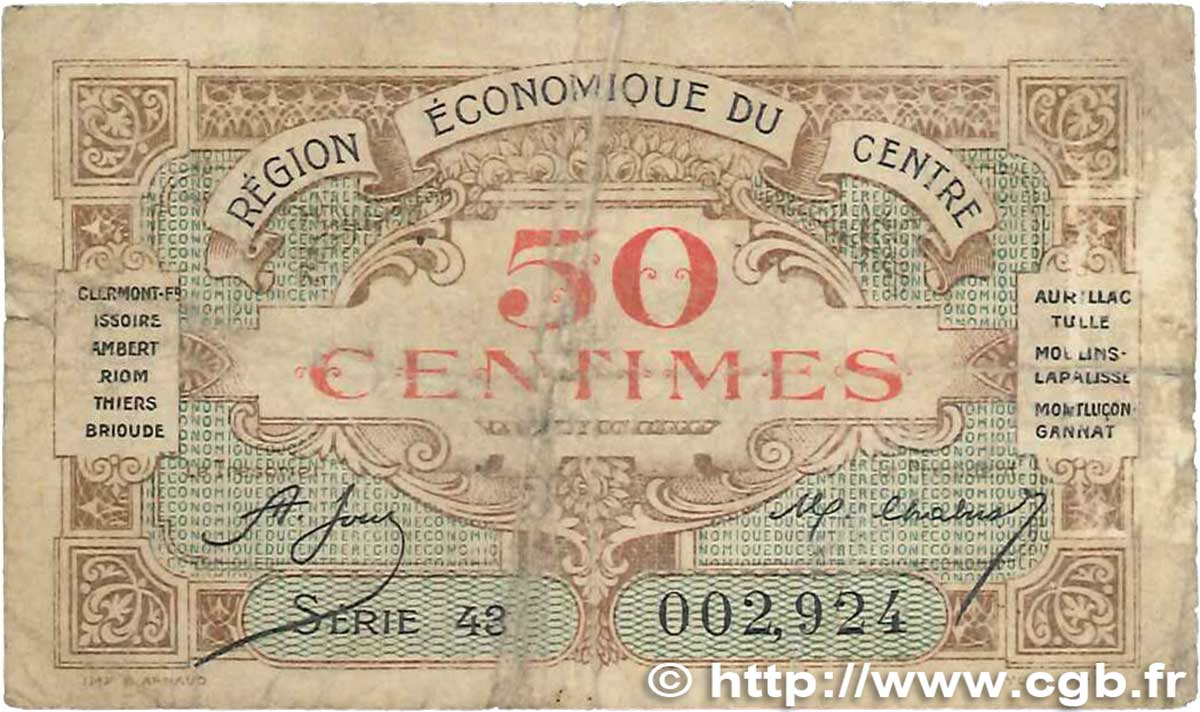 50 Centimes FRANCE regionalism and various Région Économique Du Centre 1918 JP.040.05 G