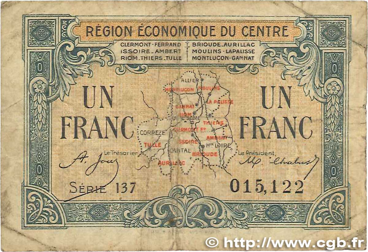 1 Franc FRANCE regionalism and various Région Économique Du Centre 1918 JP.040.07 G