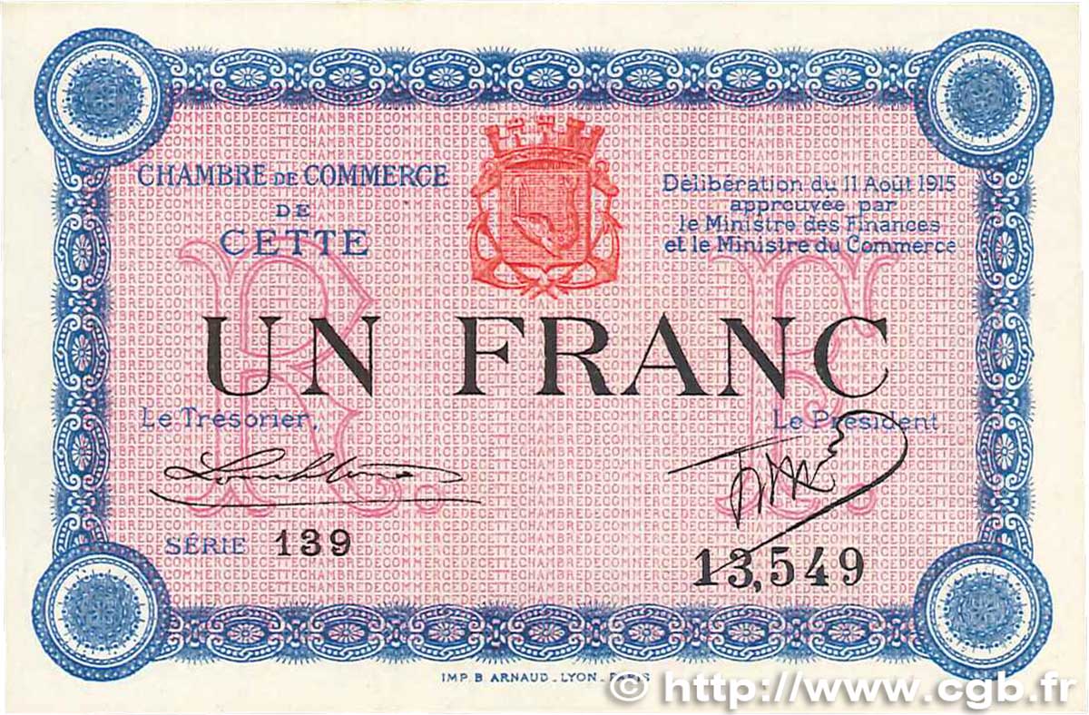 1 Franc FRANCE regionalismo y varios Cette, actuellement Sete 1915 JP.041.14 SC+