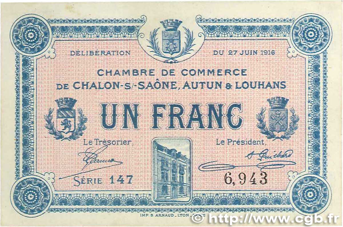 1 Franc FRANCE regionalism and various Châlon-Sur-Saône, Autun et Louhans 1916 JP.042.04 XF+