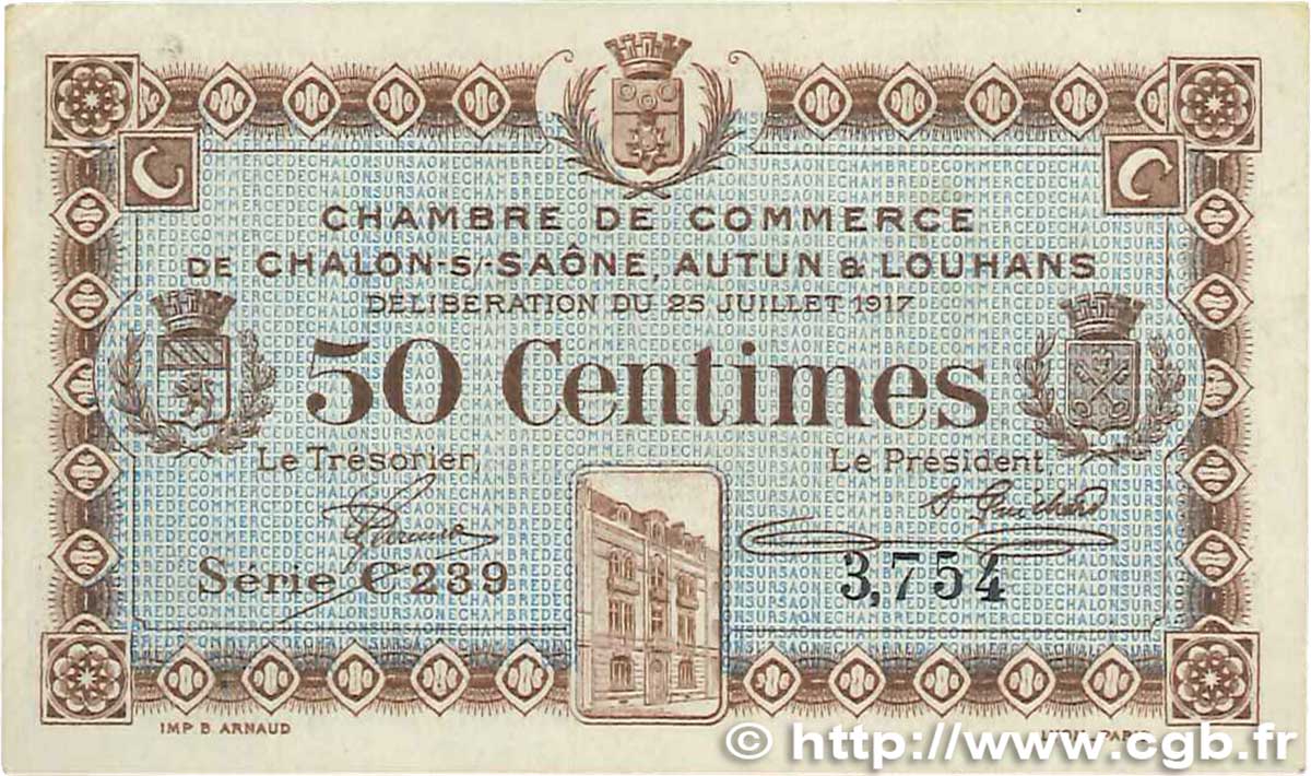50 Centimes FRANCE regionalismo y varios Châlon-Sur-Saône, Autun et Louhans 1917 JP.042.12 MBC+