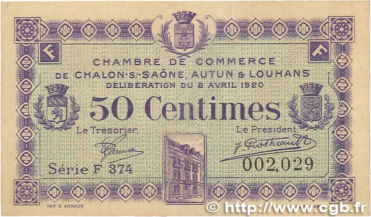 50 Centimes FRANCE Regionalismus und verschiedenen Châlon-Sur-Saône, Autun et Louhans 1920 JP.042.24 fVZ