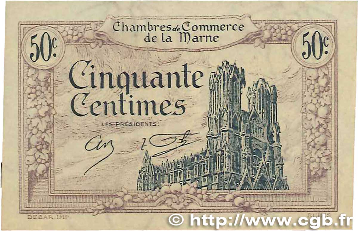 50 Centimes FRANCE regionalismo e varie Chalons, Reims, Épernay 1922 JP.043.01 SPL+