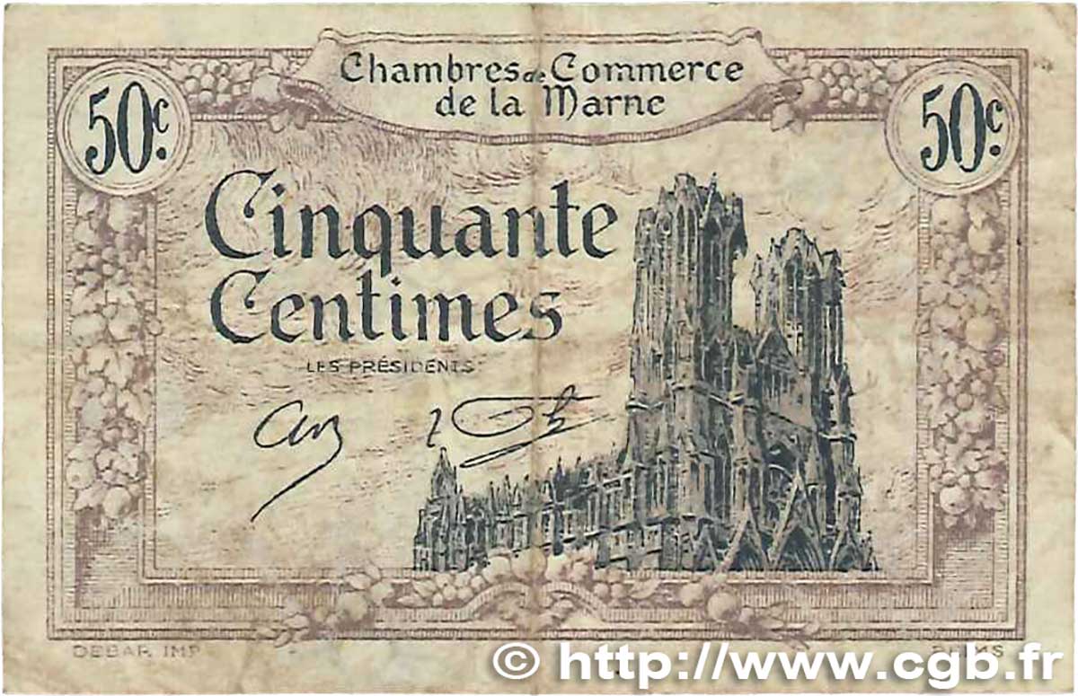 50 Centimes FRANCE Regionalismus und verschiedenen Chalons, Reims, Épernay 1922 JP.043.01 SS
