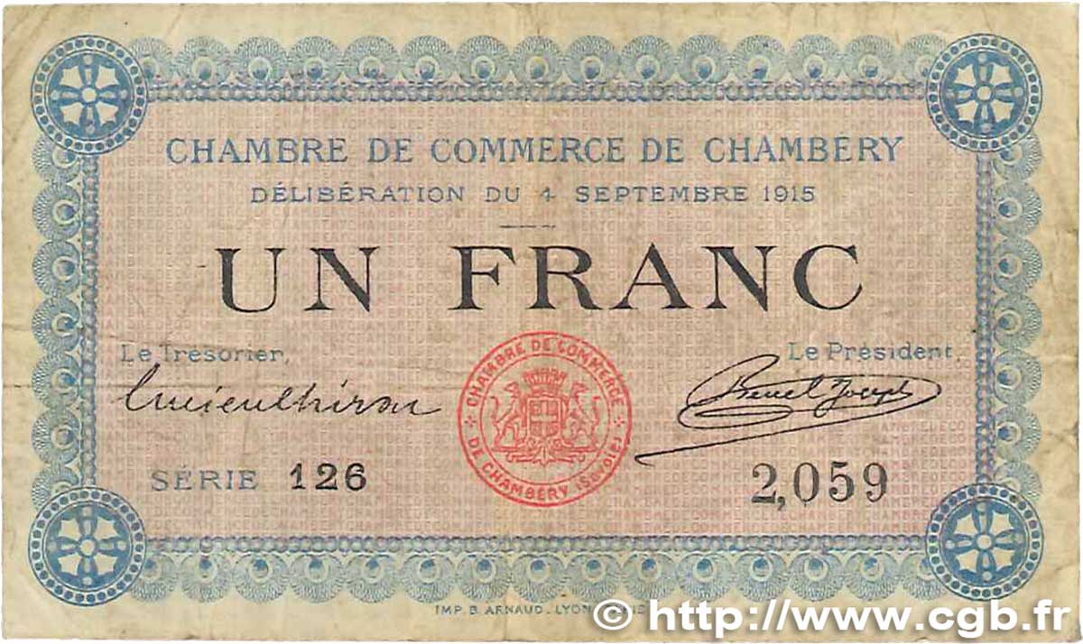 1 Franc FRANCE regionalismo y varios Chambéry 1915 JP.044.01 BC