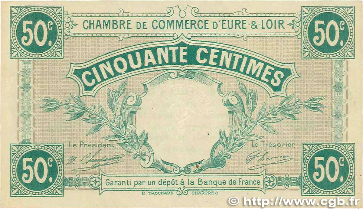 50 Centimes FRANCE regionalism and various Chartres 1915 JP.045.01 AU