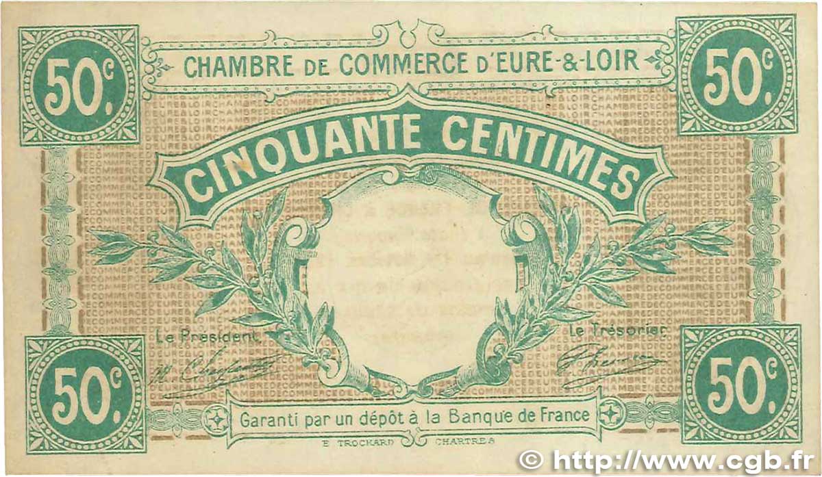 50 Centimes FRANCE regionalism and various Chartres 1915 JP.045.01 XF+