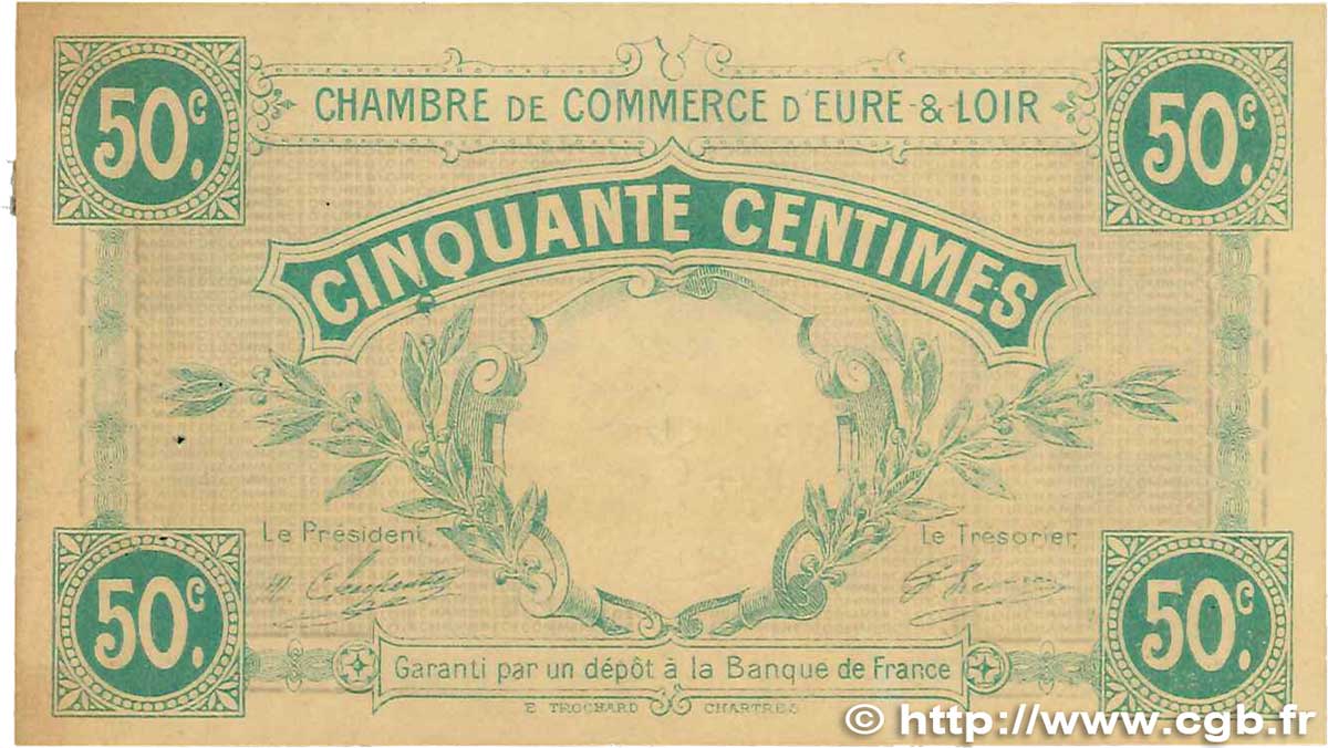 50 Centimes FRANCE regionalism and miscellaneous Chartres 1915 JP.045.01 XF