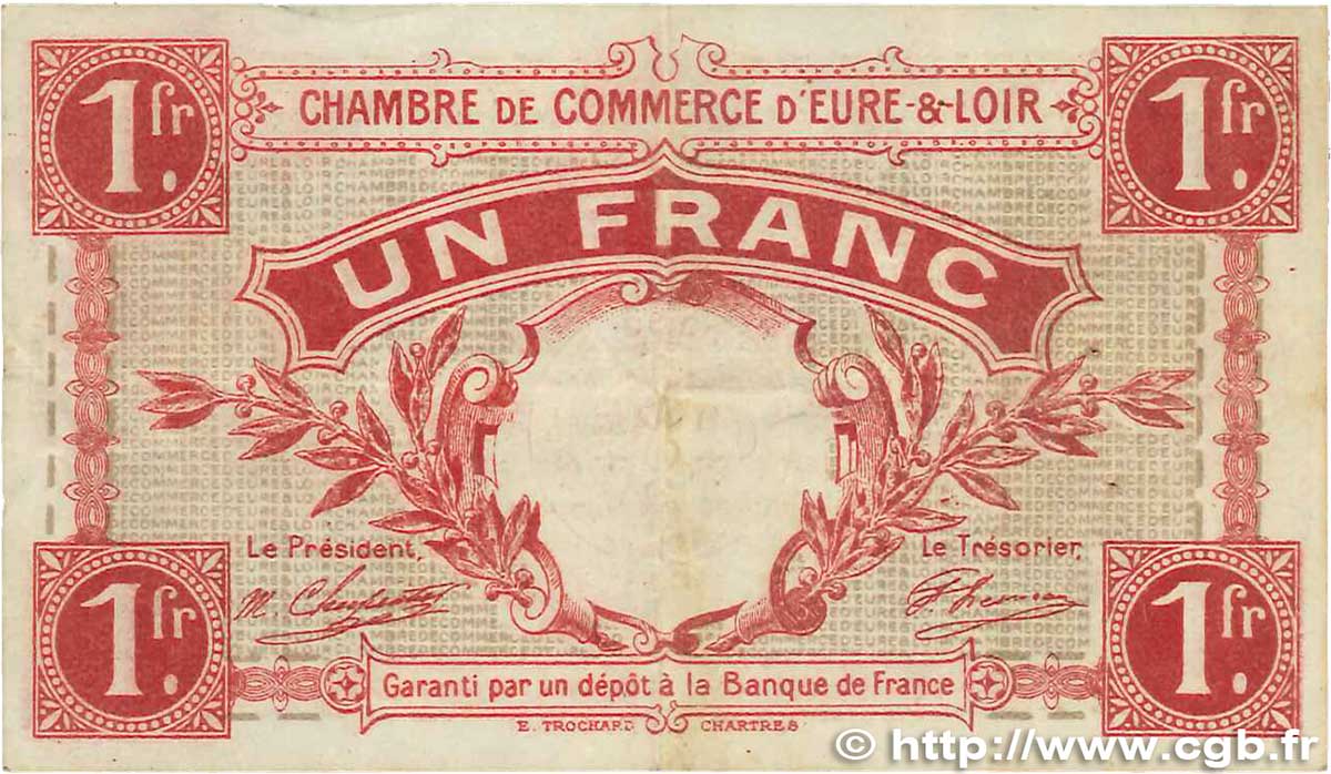 1 Franc FRANCE regionalism and various Chartres 1915 JP.045.03 VF