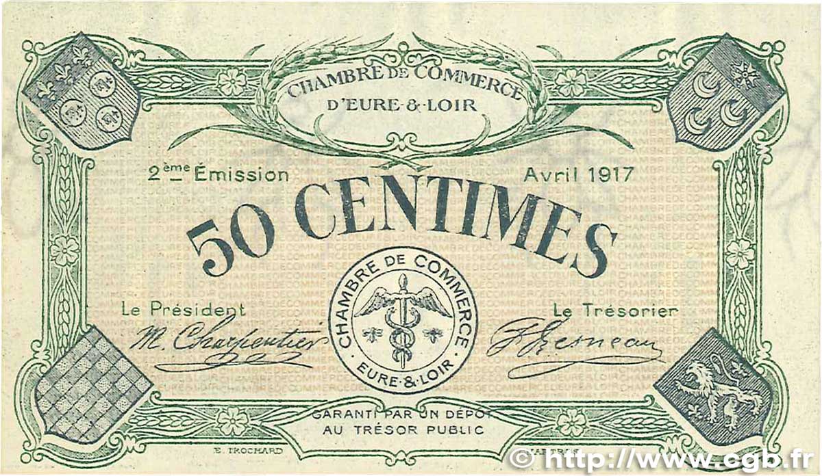 50 Centimes FRANCE regionalism and miscellaneous Chartres 1917 JP.045.05 XF