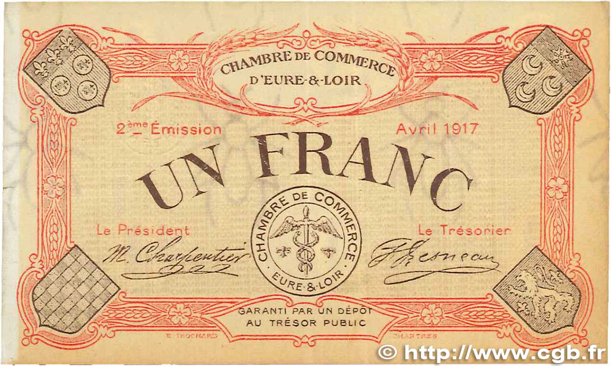 1 Franc FRANCE regionalism and miscellaneous Chartres 1917 JP.045.07 VF