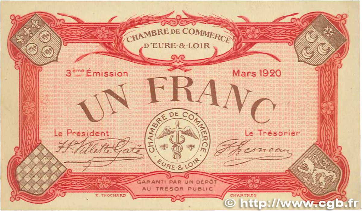 1 Franc FRANCE regionalism and miscellaneous Chartres 1920 JP.045.10 AU