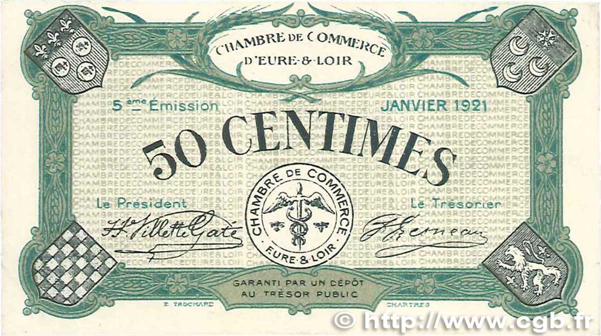 50 Centimes FRANCE Regionalismus und verschiedenen Chartres 1921 JP.045.11 fST