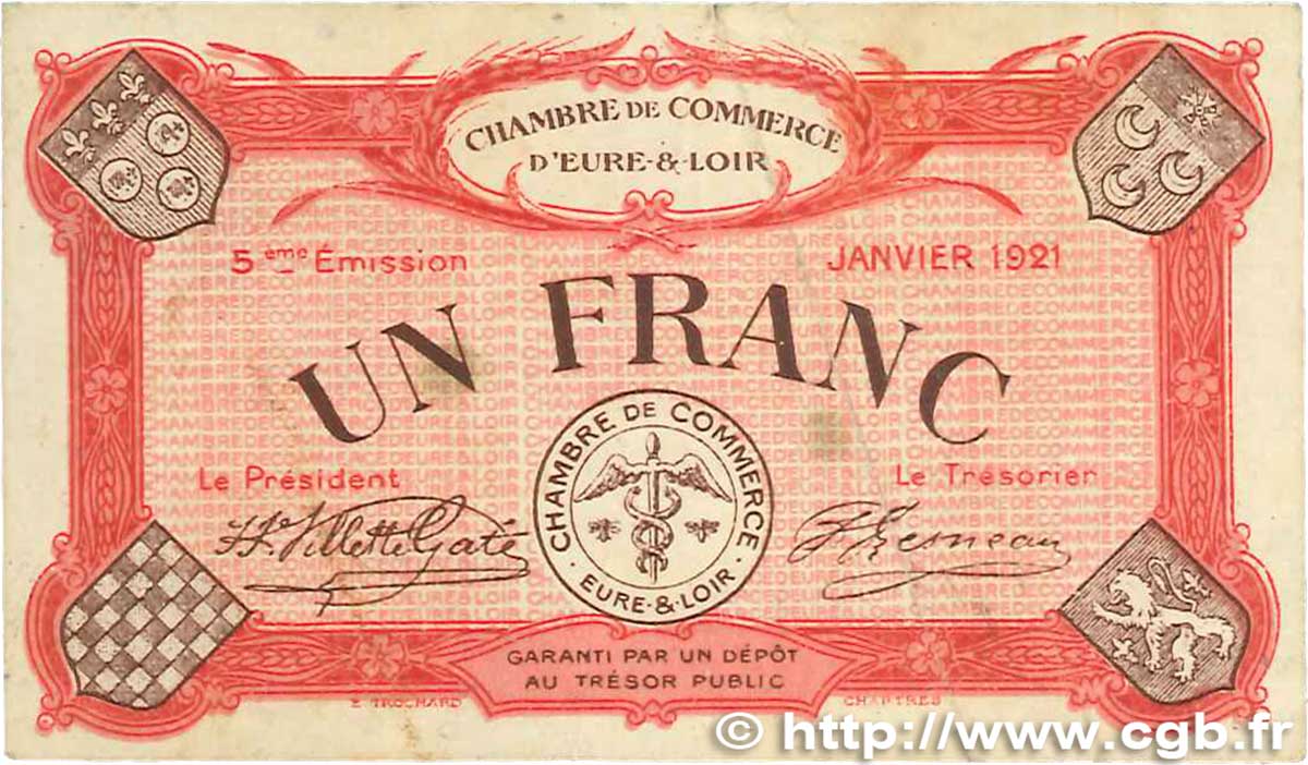 1 Franc FRANCE regionalismo y varios Chartres 1921 JP.045.13 BC+