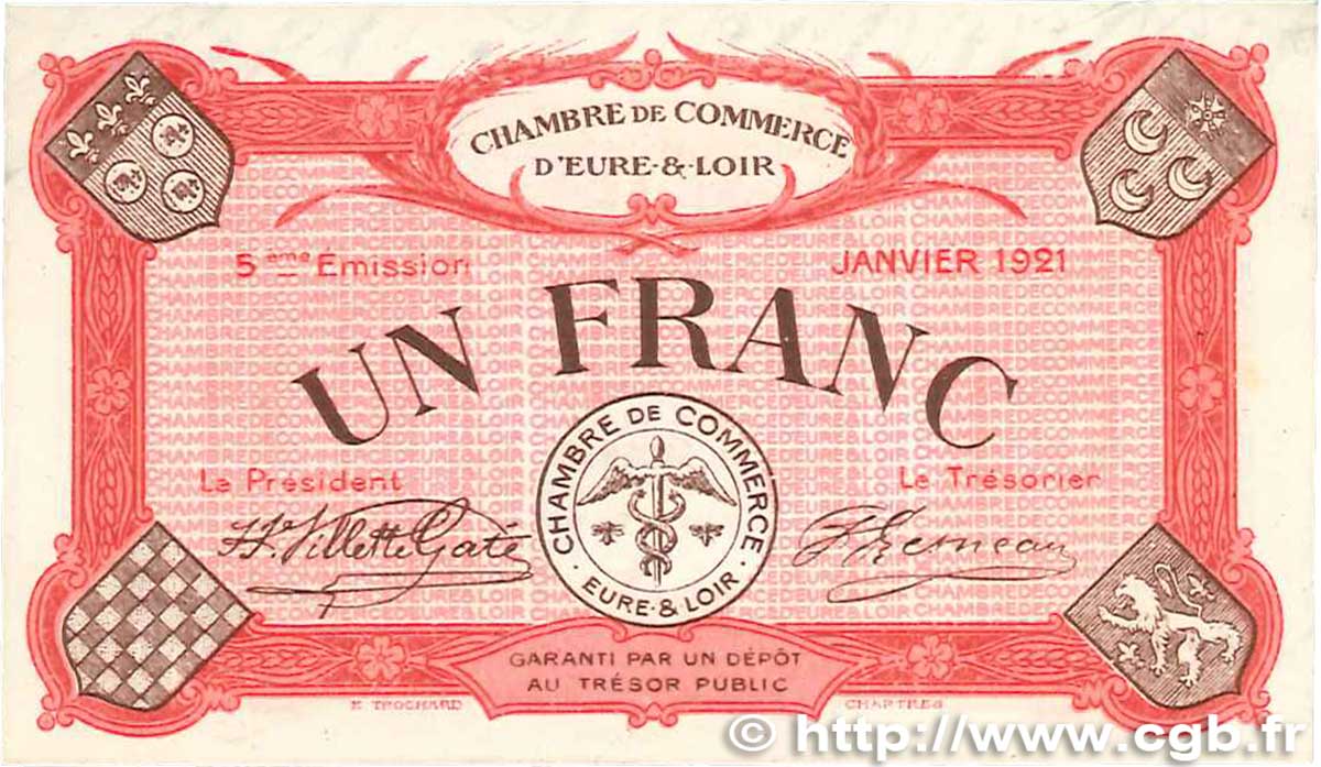 1 Franc FRANCE regionalism and various Chartres 1921 JP.045.13 AU