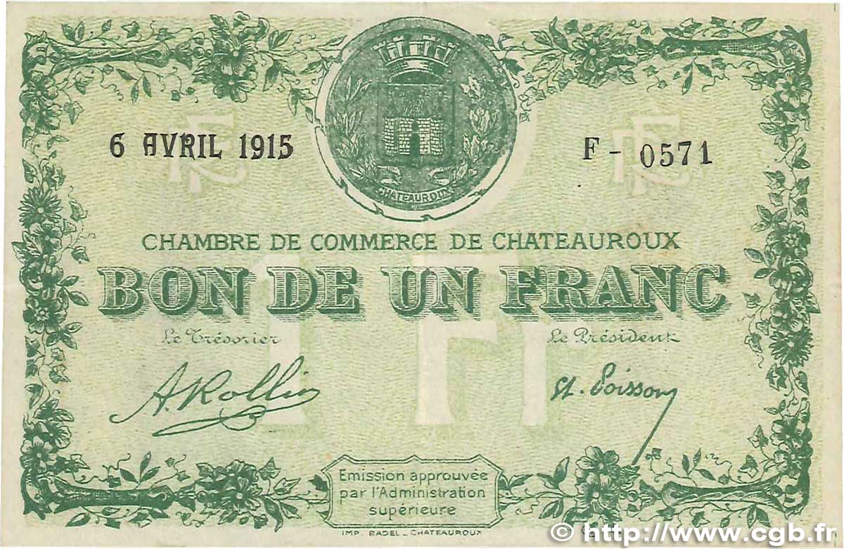 1 Franc FRANCE regionalism and miscellaneous Chateauroux 1915 JP.046.02 VF+