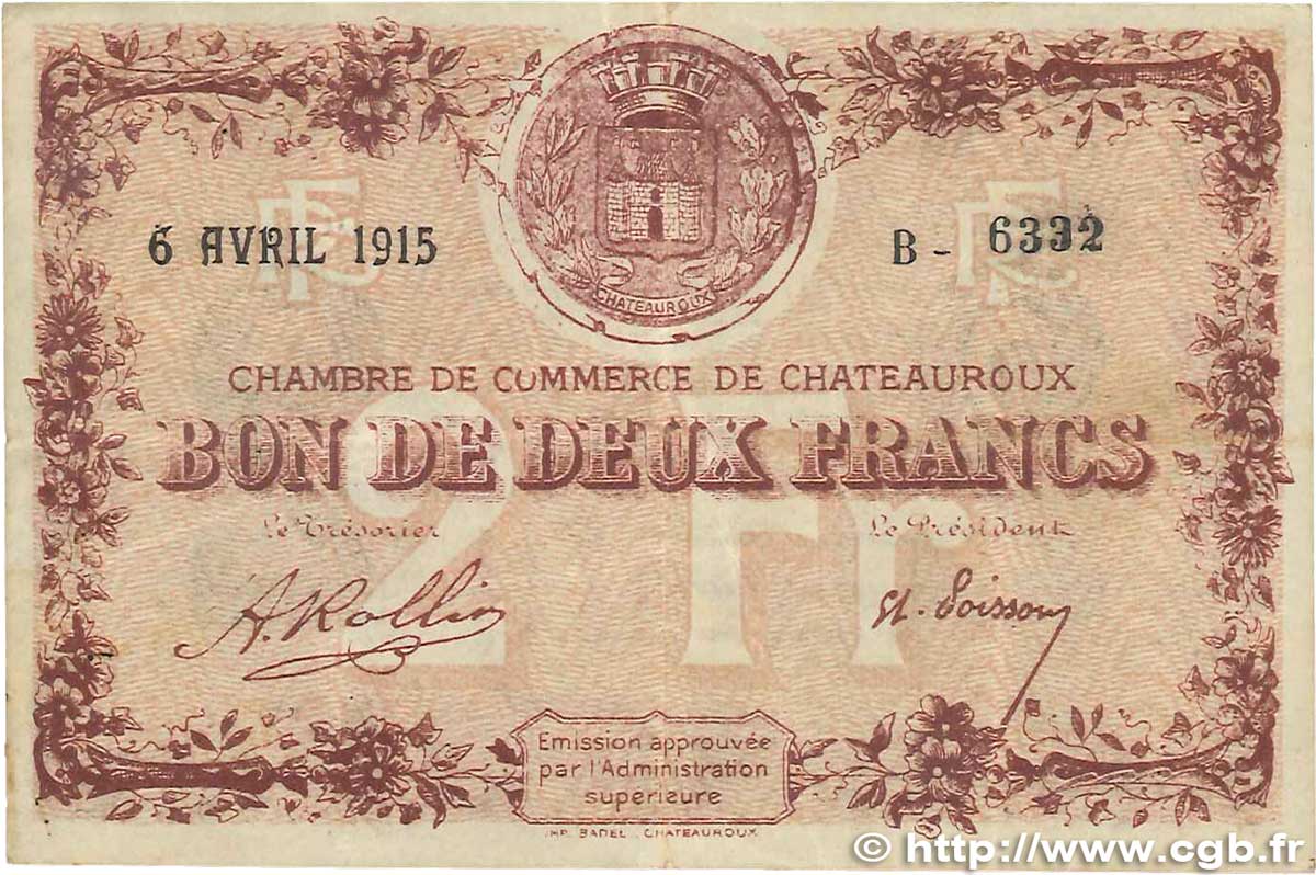 2 Francs FRANCE regionalism and various Chateauroux 1915 JP.046.04 VF