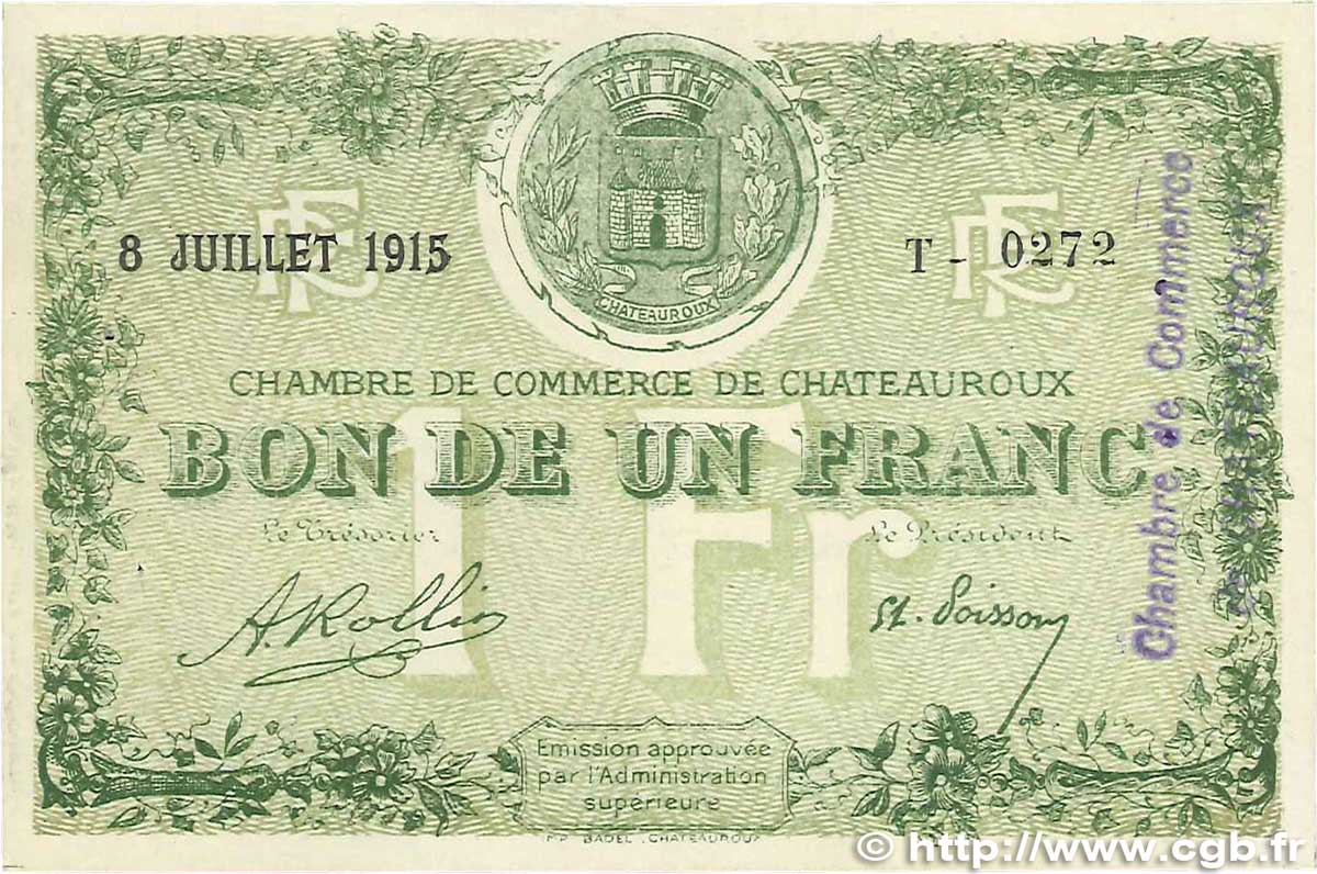 1 Franc FRANCE Regionalismus und verschiedenen Chateauroux 1915 JP.046.06 fST