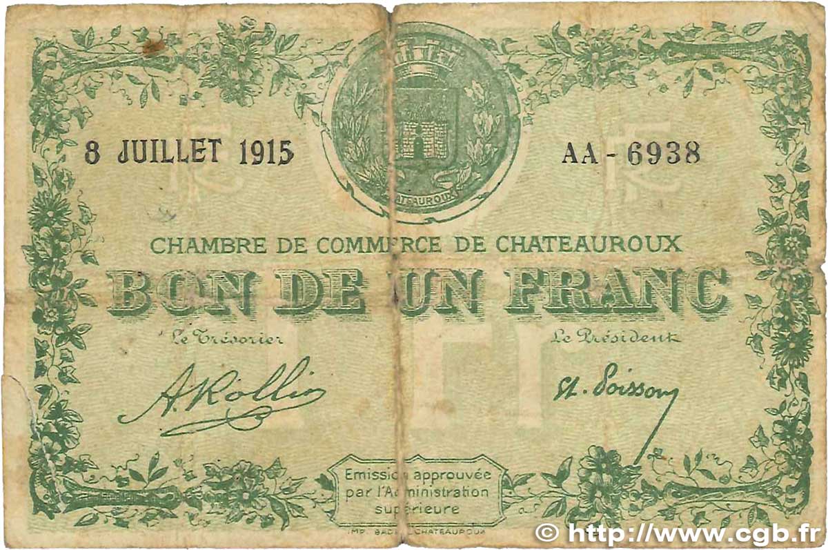 1 Franc FRANCE regionalism and various Chateauroux 1915 JP.046.07 G