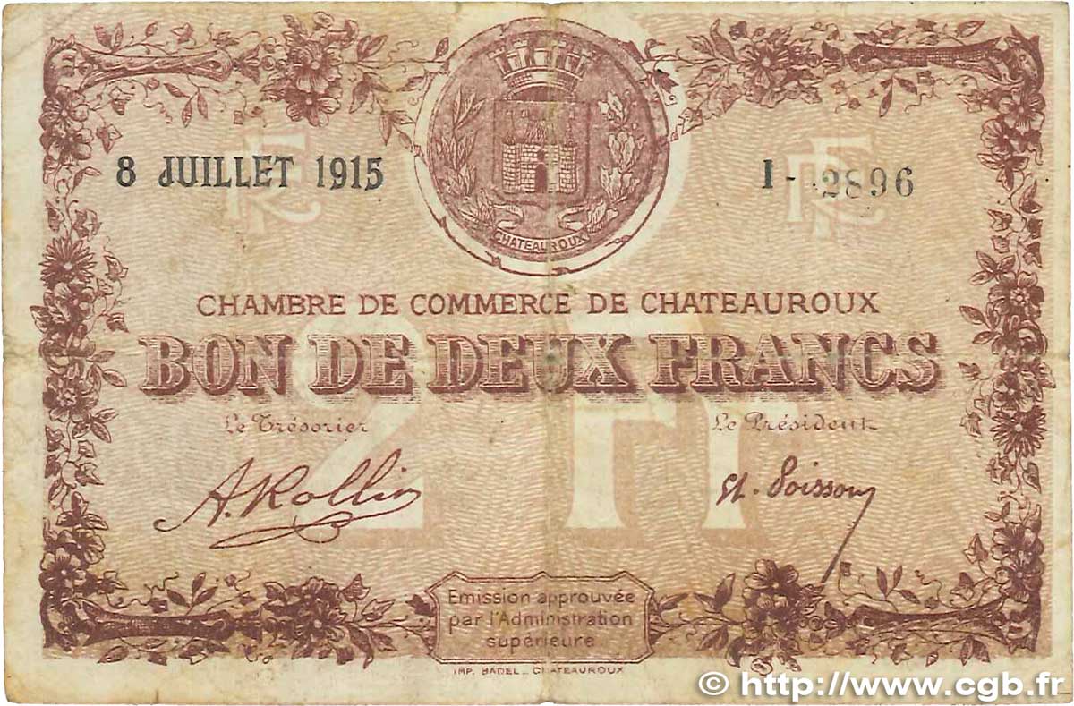 2 Francs FRANCE Regionalismus und verschiedenen Chateauroux 1915 JP.046.09 S