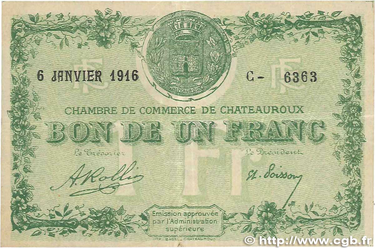 1 Franc FRANCE Regionalismus und verschiedenen Chateauroux 1916 JP.046.17 SS