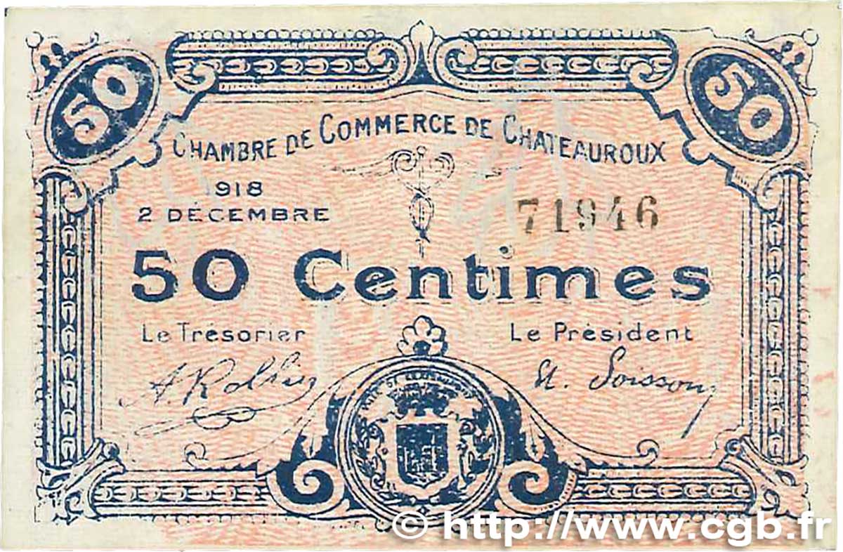 50 Centimes FRANCE regionalismo y varios Chateauroux 1918 JP.046.18 EBC+