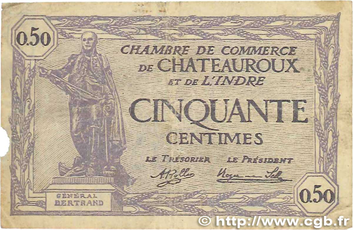 50 Centimes FRANCE regionalism and various Chateauroux 1920 JP.046.24 G