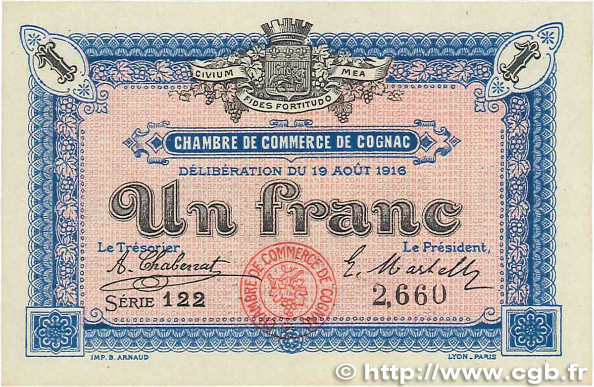 1 Franc FRANCE regionalism and various Cognac 1916 JP.049.03 UNC-