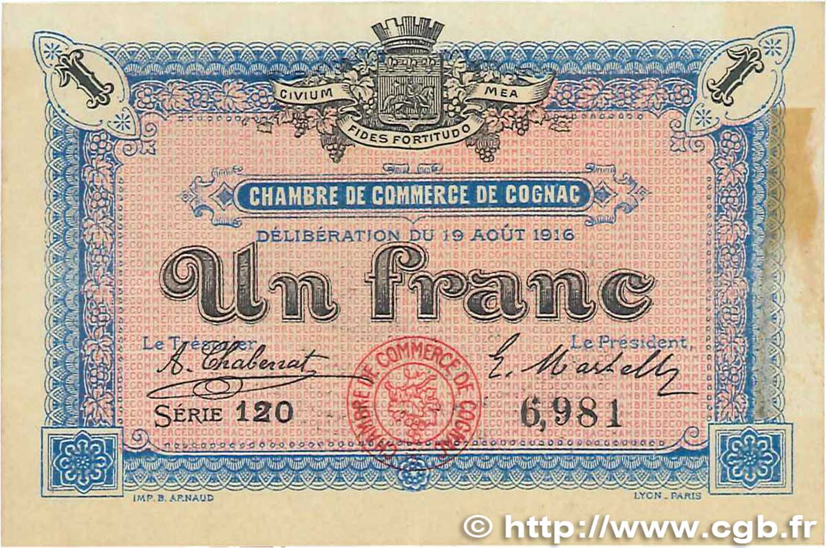1 Franc FRANCE Regionalismus und verschiedenen Cognac 1916 JP.049.03 fVZ