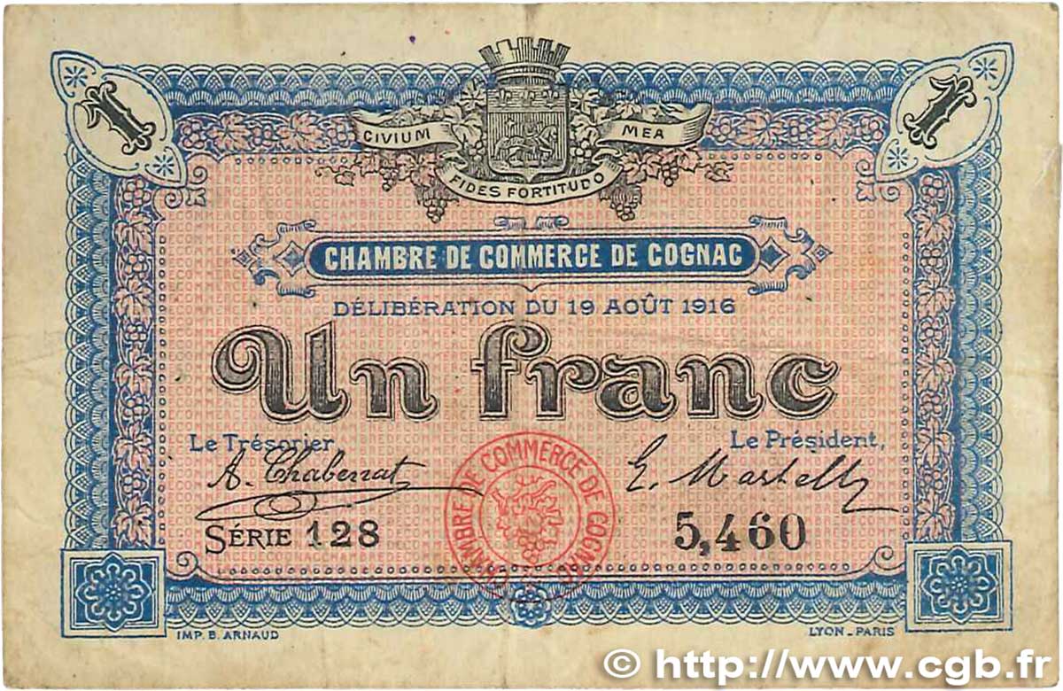 1 Franc FRANCE regionalism and various Cognac 1916 JP.049.03 VF
