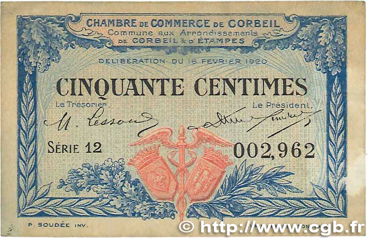 50 Centimes FRANCE regionalismo y varios Corbeil 1920 JP.050.01 MBC+