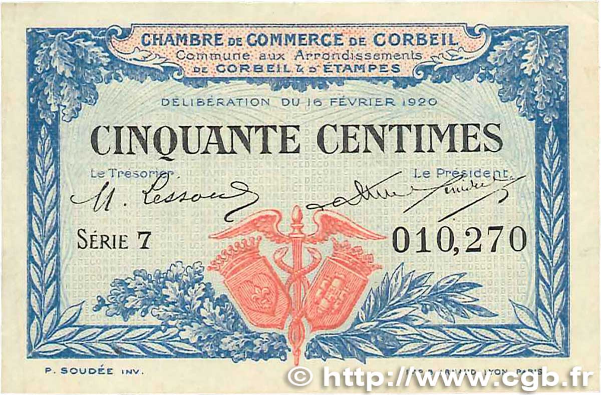50 Centimes FRANCE regionalism and miscellaneous Corbeil 1920 JP.050.01 VF+