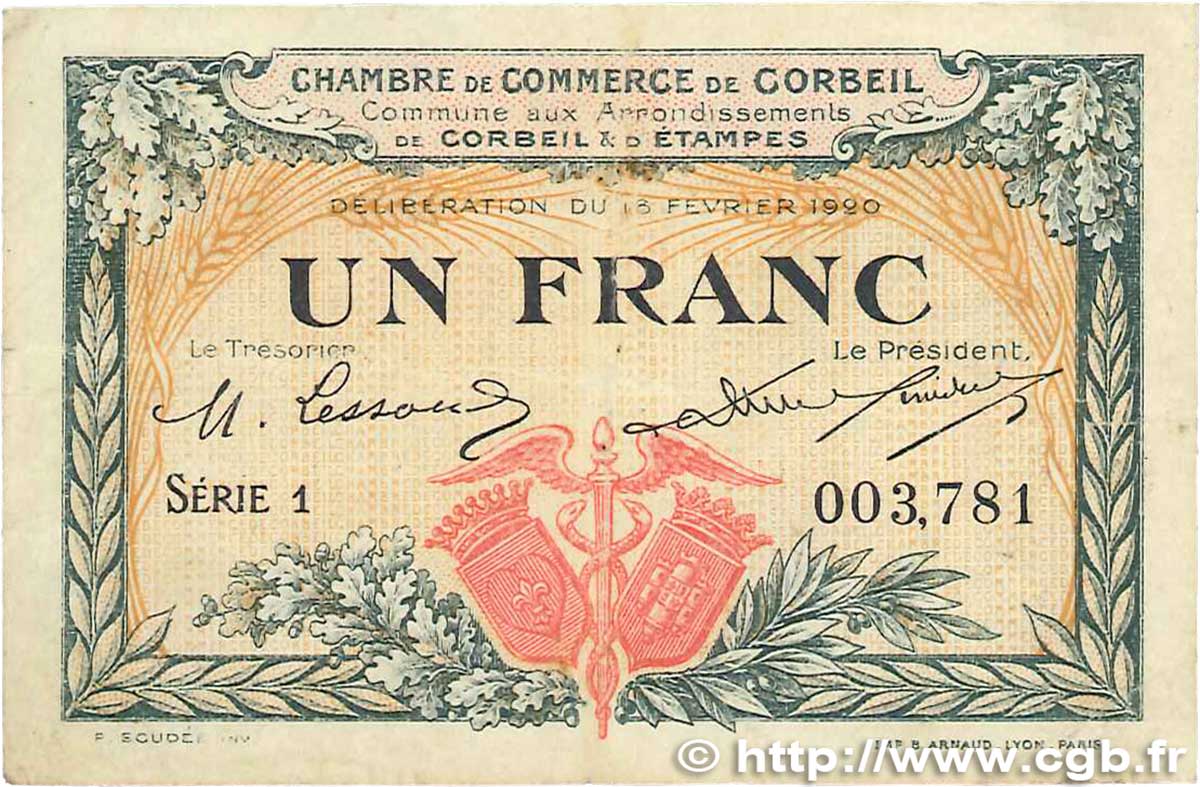 1 Franc FRANCE regionalismo y varios Corbeil 1920 JP.050.03 BC+