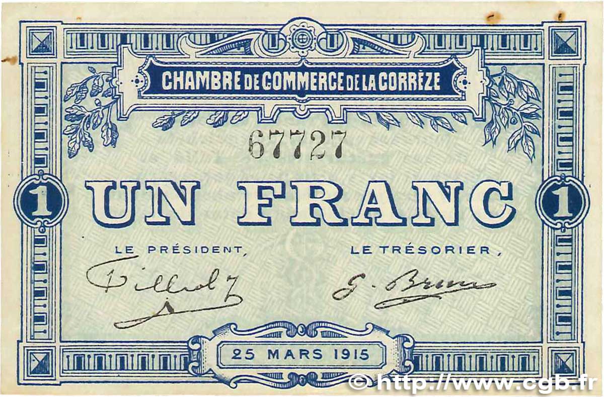 1 Franc FRANCE Regionalismus und verschiedenen Corrèze 1915 JP.051.03 VZ+