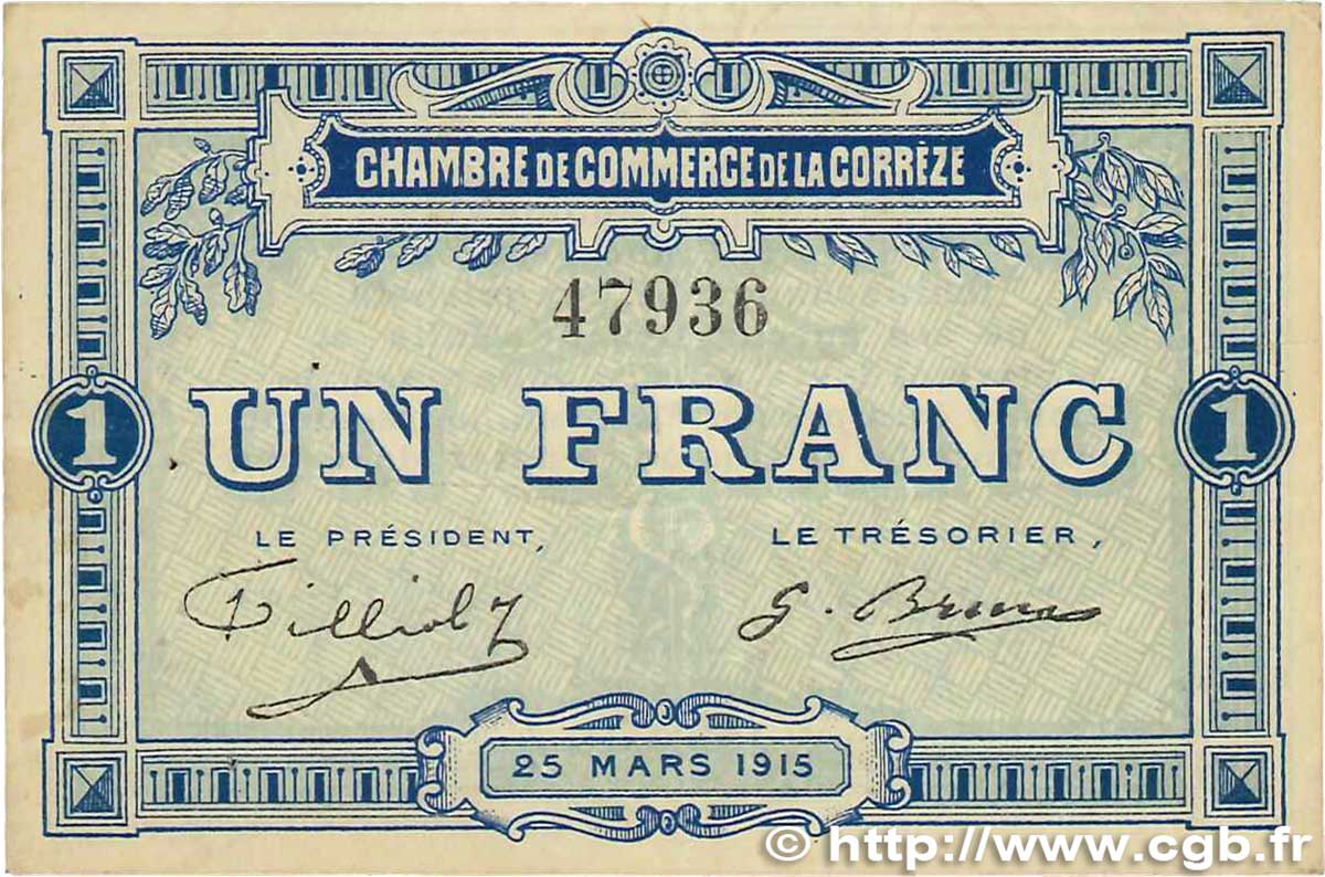 1 Franc FRANCE regionalismo y varios Corrèze 1915 JP.051.03 MBC