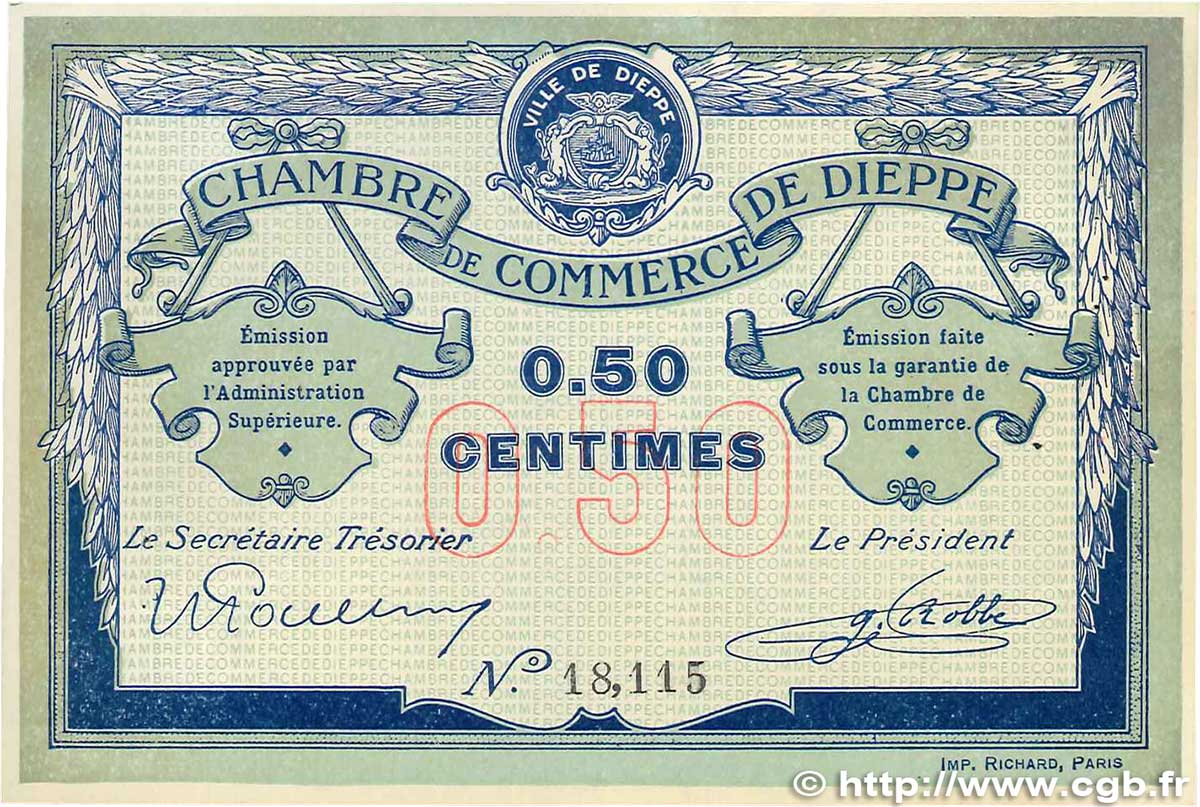 50 Centimes FRANCE régionalisme et divers Dieppe 1918 JP.052.01 SUP