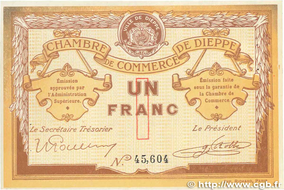 1 Franc FRANCE regionalism and various Dieppe 1918 JP.052.04 XF