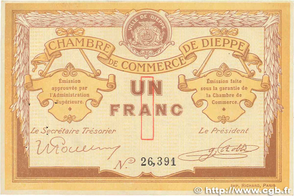 1 Franc FRANCE Regionalismus und verschiedenen Dieppe 1918 JP.052.04 fVZ