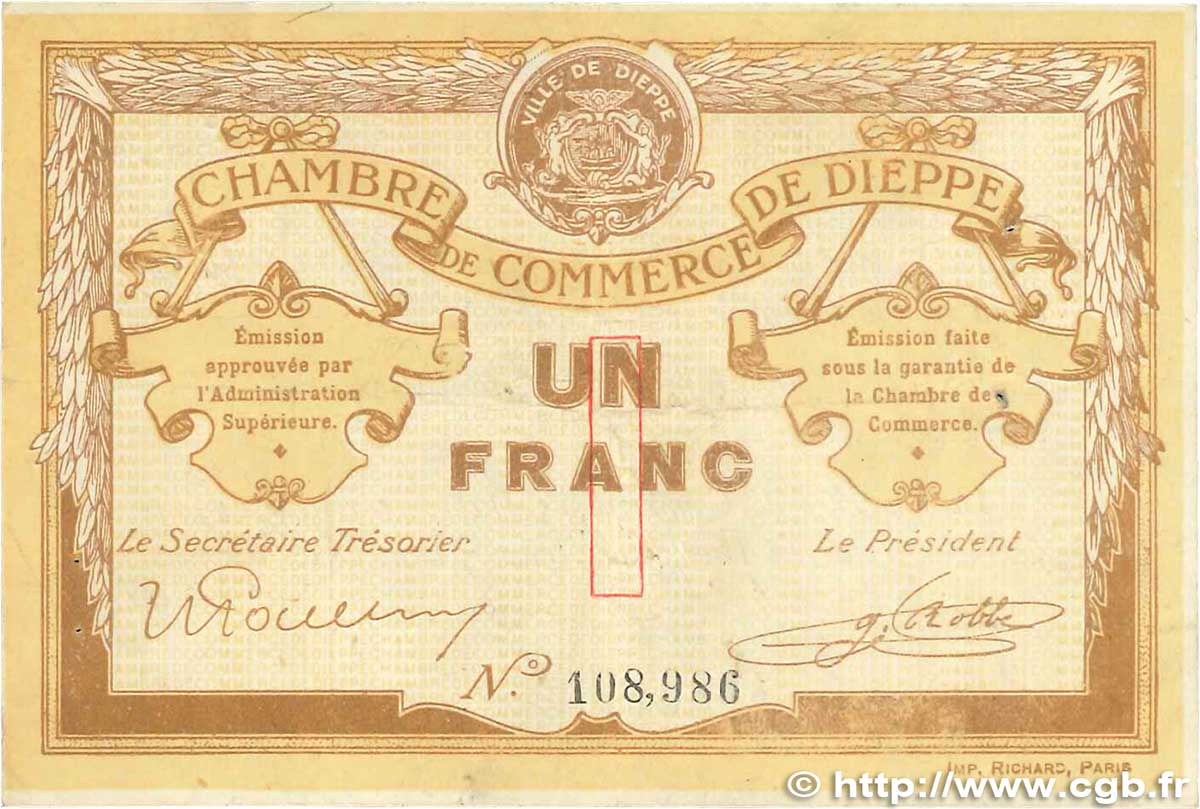 1 Franc FRANCE regionalism and miscellaneous Dieppe 1918 JP.052.04 VF